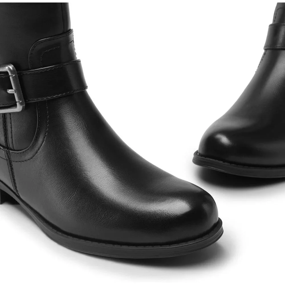 🆕Womens Faux Leather Black Knee High Buckle Chunky Heel Flat Riding Pirate Boot